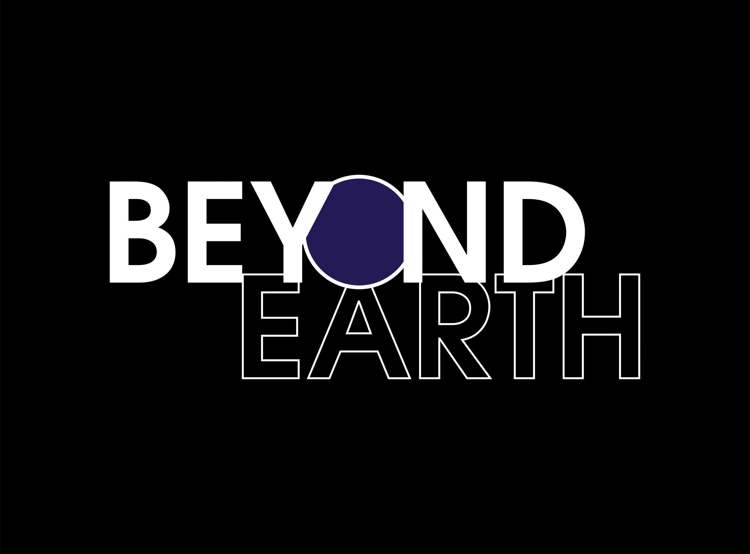 Version principale du logo réalisé pour le projet Beyond Earth. Typo blanche sur fond noir avec une tonique de bleu.