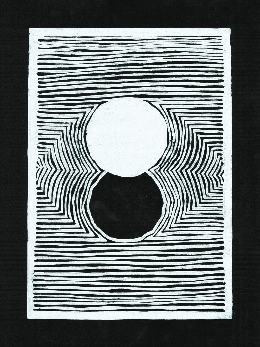 Linogravure à l'encre blanche sur du papier noir