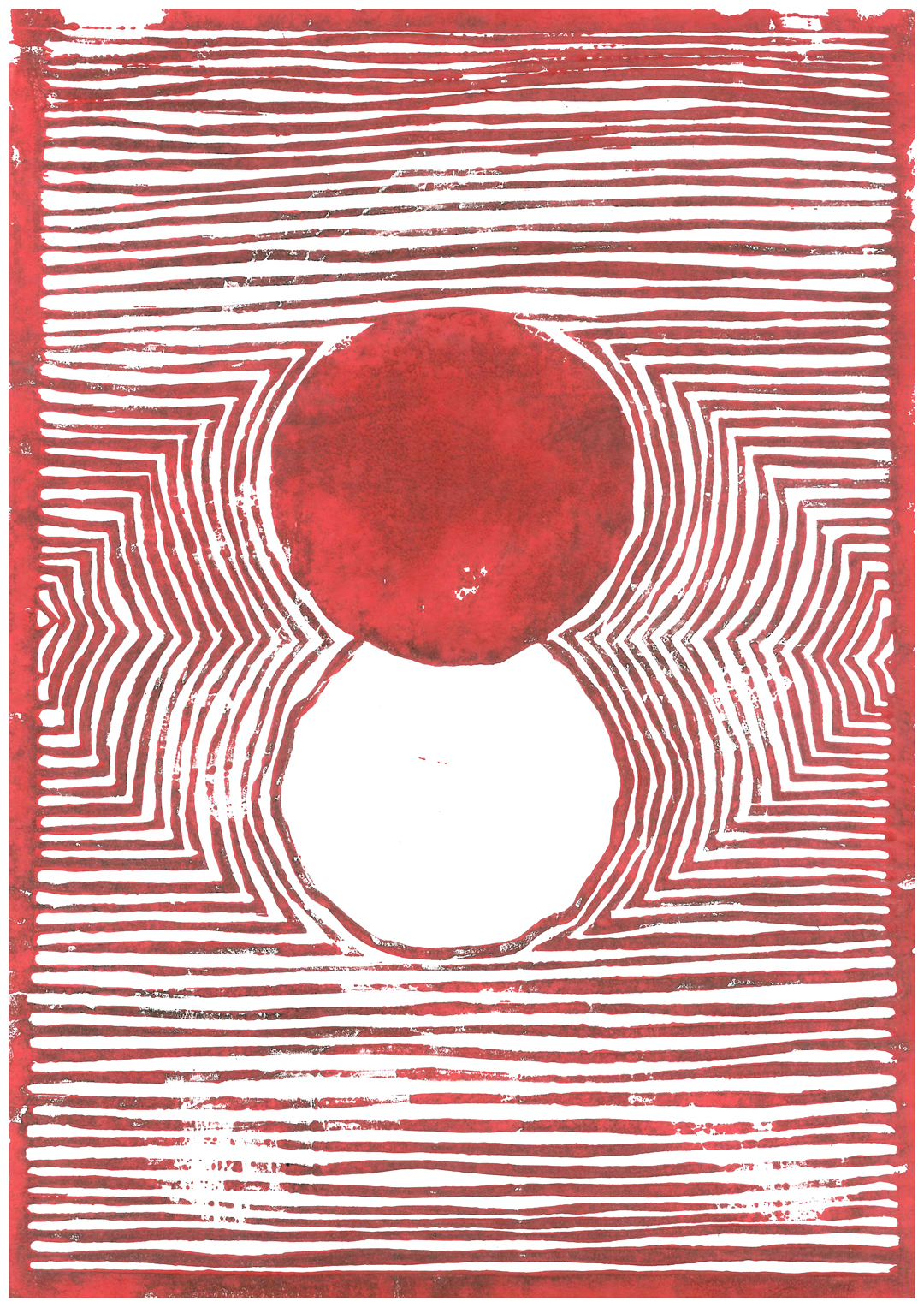 Linogravure sur papier blanc à l'encre rouge