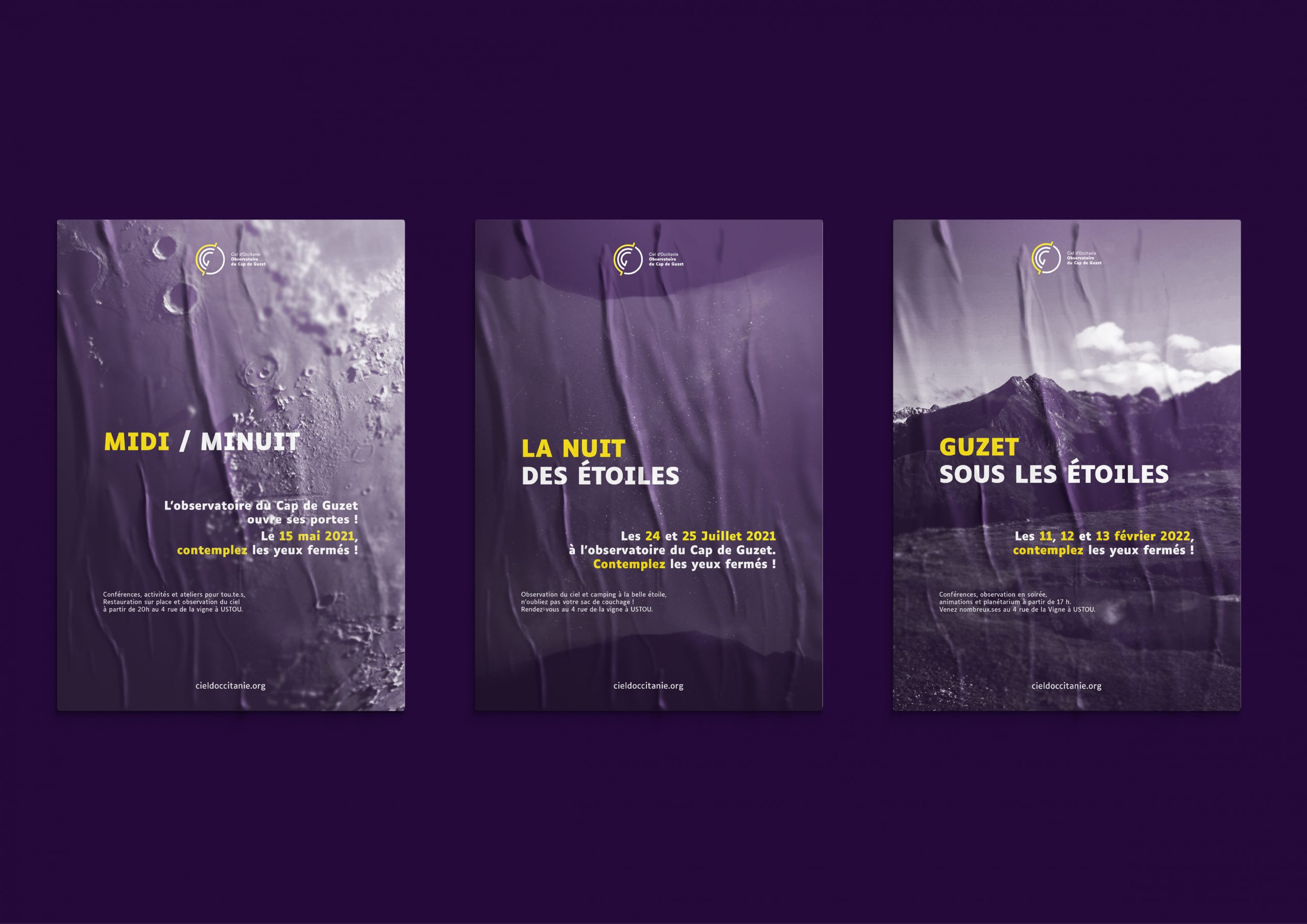 Présentation des trois affiches réalisées pour la communication des 3 évènements organisés par l'Observatoire du Cap de Guzet pour l'année 2021-2022