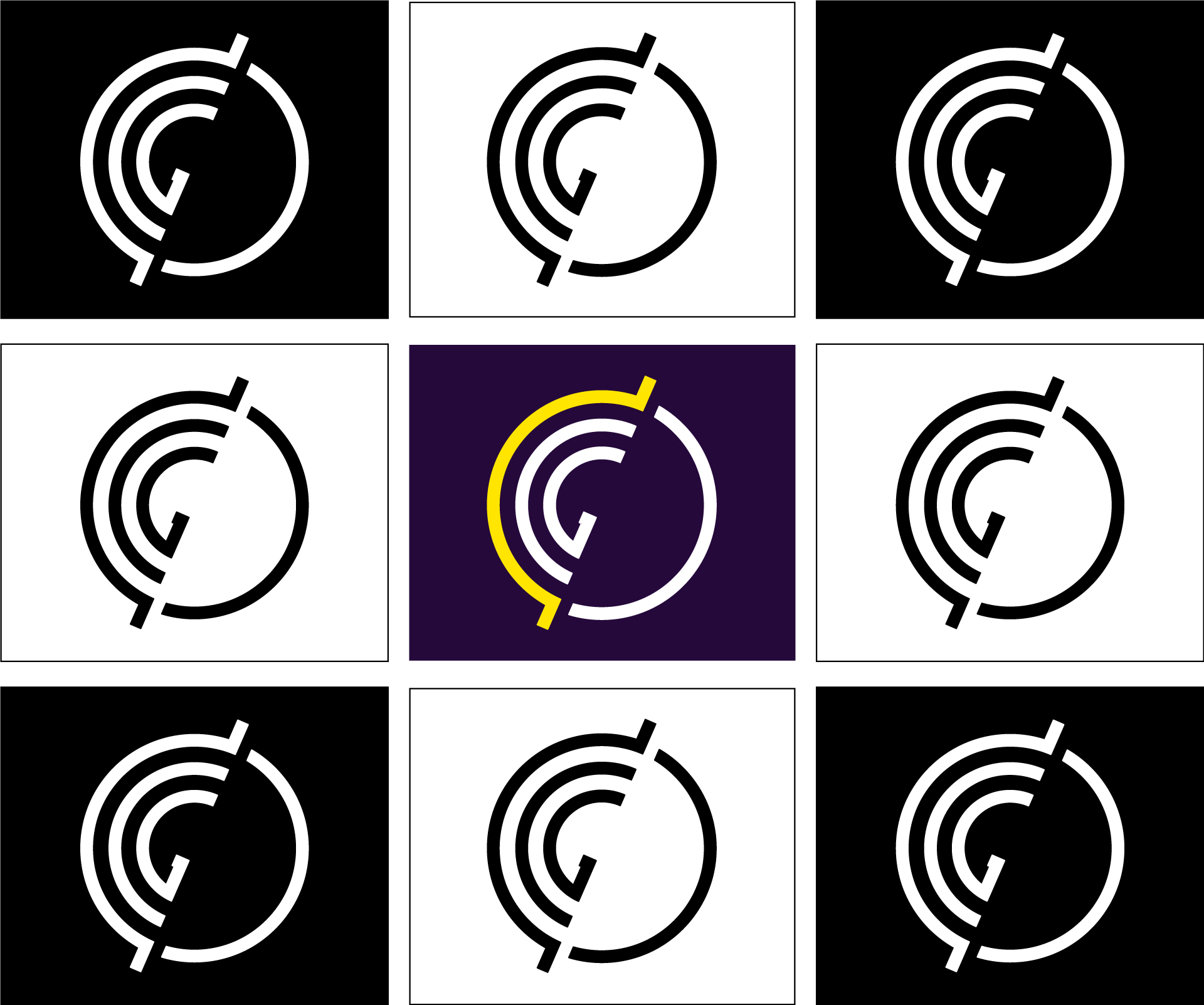 Mosaïque du logo de l'Observatoire du Cap de Guzet, avec une alternance du symbole graphique en blanc ou en noir. Au milieux de la mosaïque se trouve une version du symbole graphique en couleur.