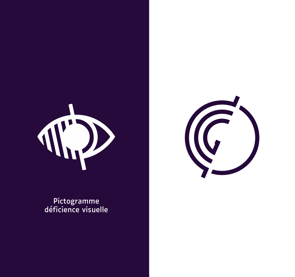 Comparaison entre le pictogramme associé à la notion de déficience visuelle et le symbole graphique du logotype de l'Observatoire du Cap de Guzet afin de montrer leurs similitudes.
