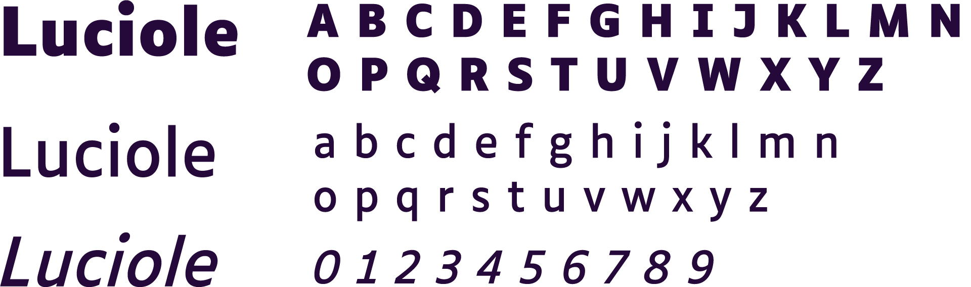 Présentation de la typographie Luciole, en graisse Bold, Regular et italique