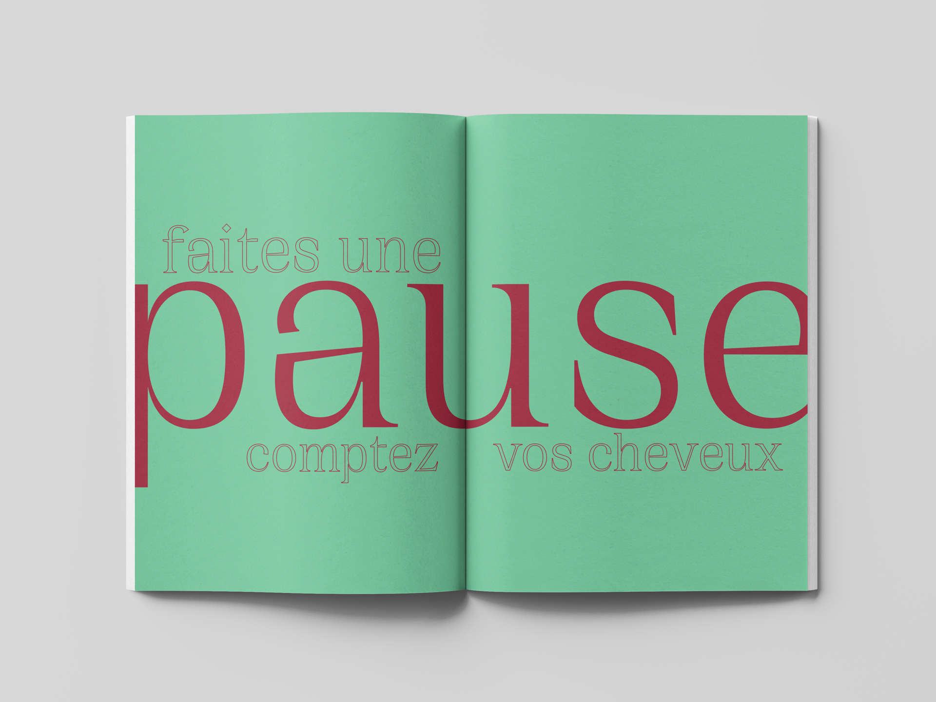Double page humoristique du numéro "relaxation active". Sur un fond vert, une typographie rouge écrit en gros : "faites une pause, comptez vos cheveux".