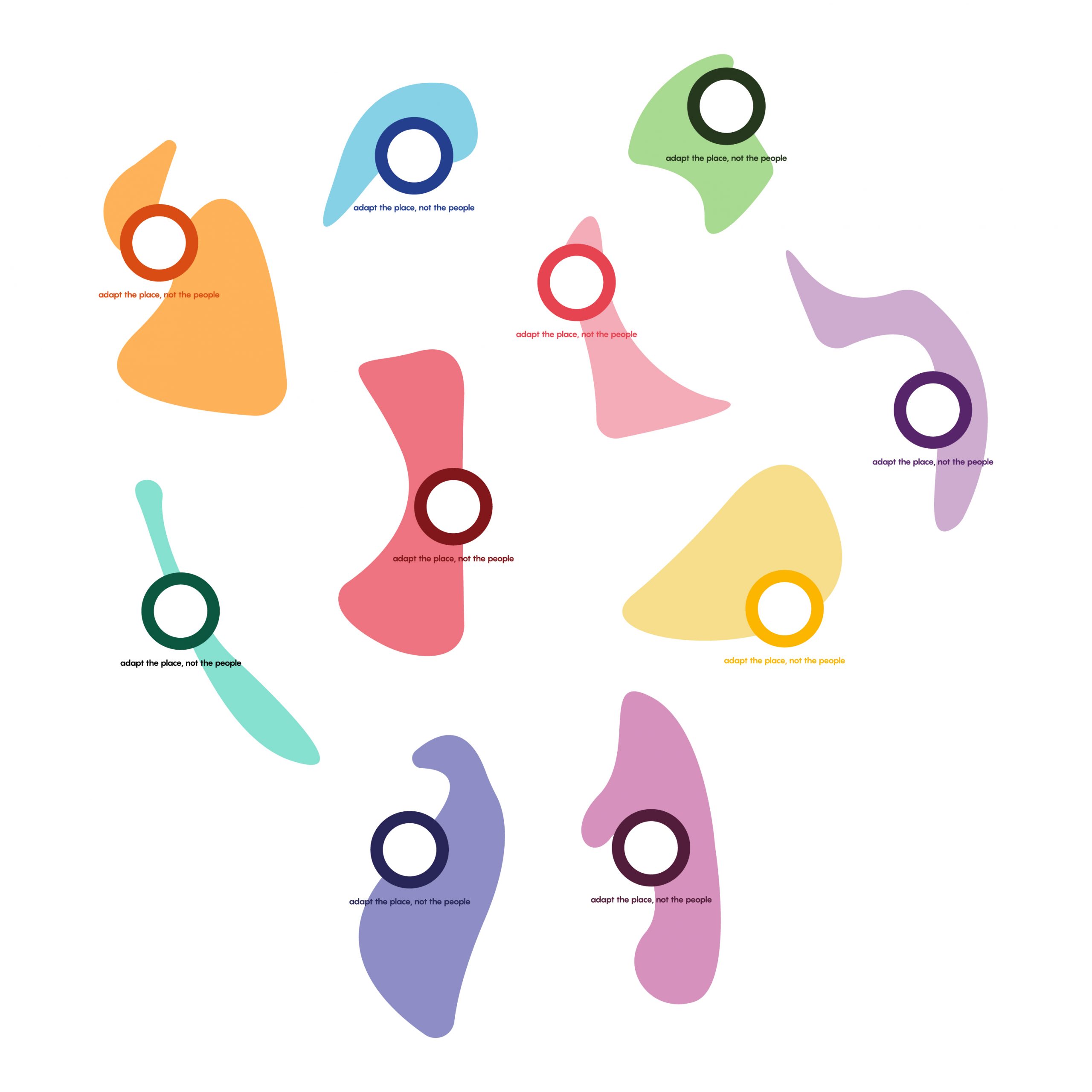 Déclinaison de l'identitée visuelle flexible du projet O. Il y a 10 déclinaison, chacune dans une gamme de couleur différente.