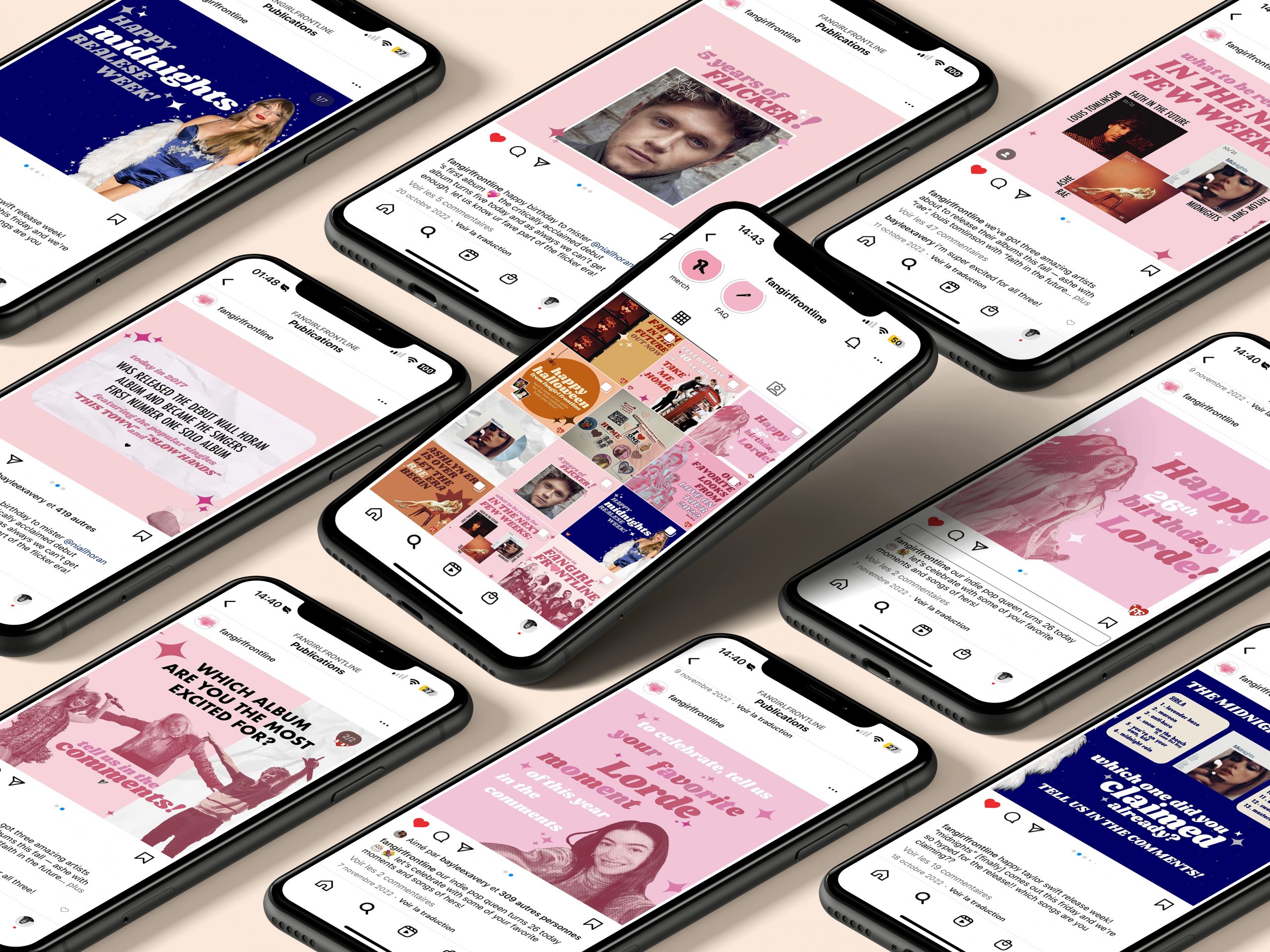 Mosaique d'iphone présentant différents post instagram du compte de fangirl frontline.