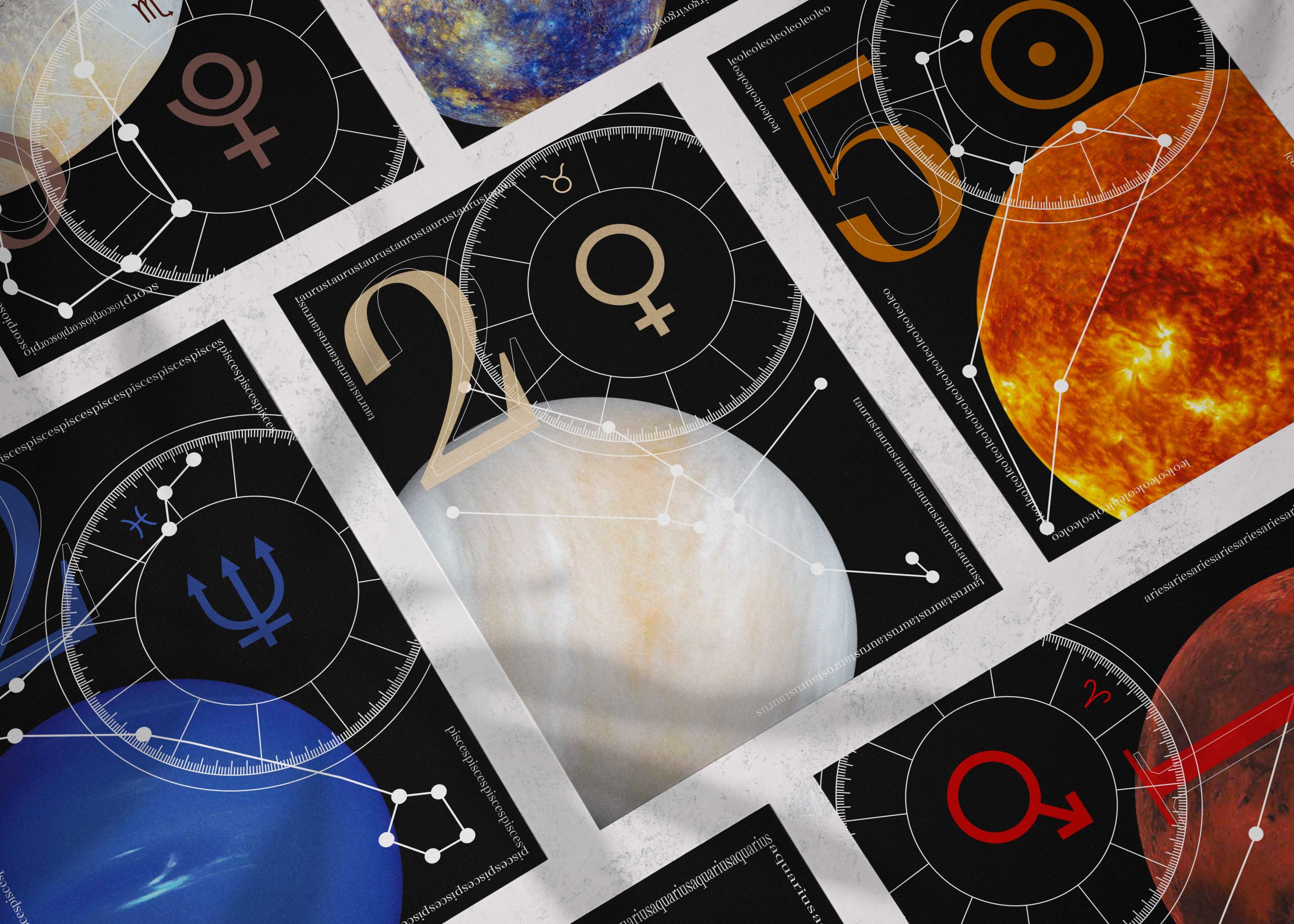 Grille de poster montrant plusieurs déclinaison des affiches du projets "Postermania #3 - Astrologia"