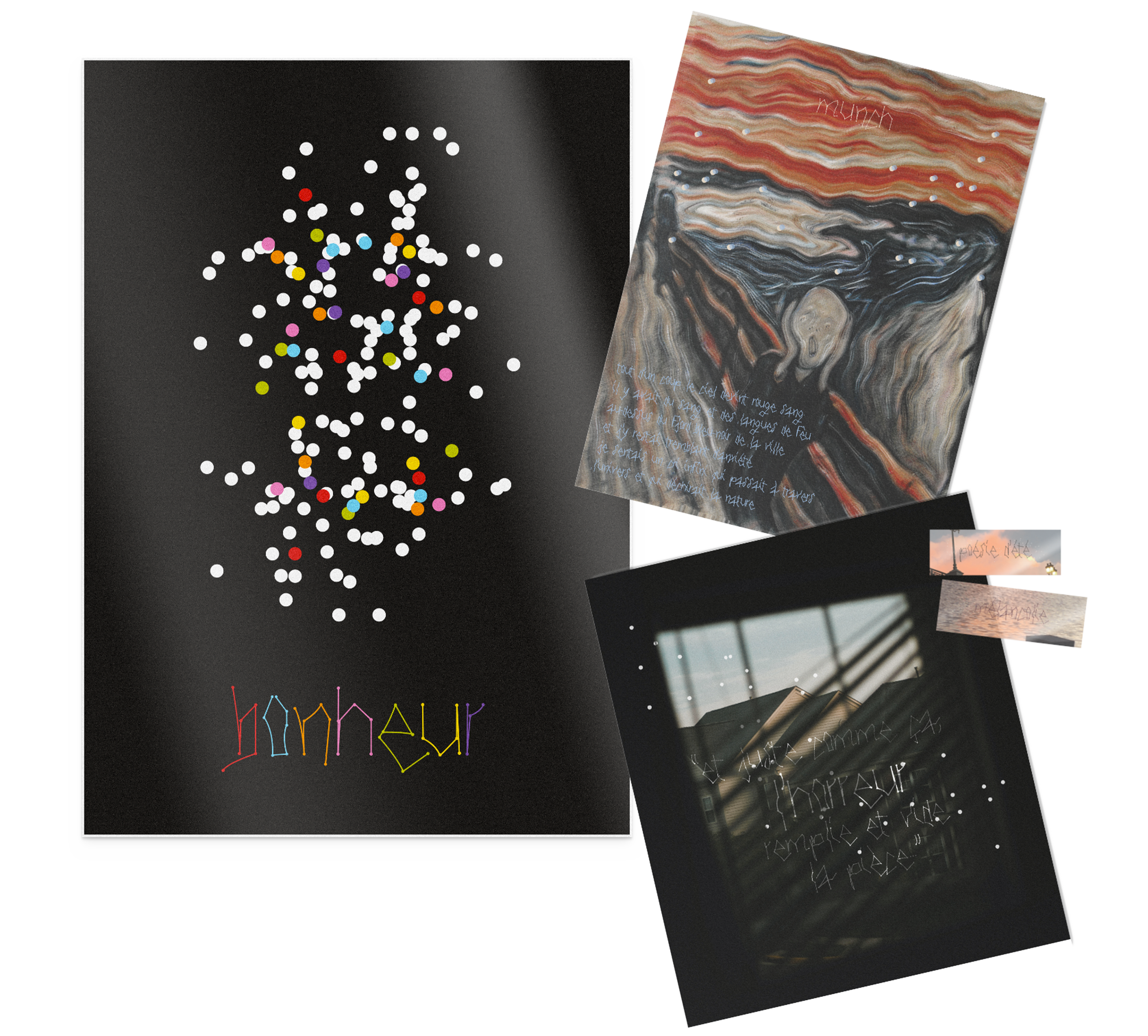 Mise en situation de la typographie sous sa deuxième et première forme sous plusieurs formes grâce à plusieurs supports : affiche, carte postales, stickers