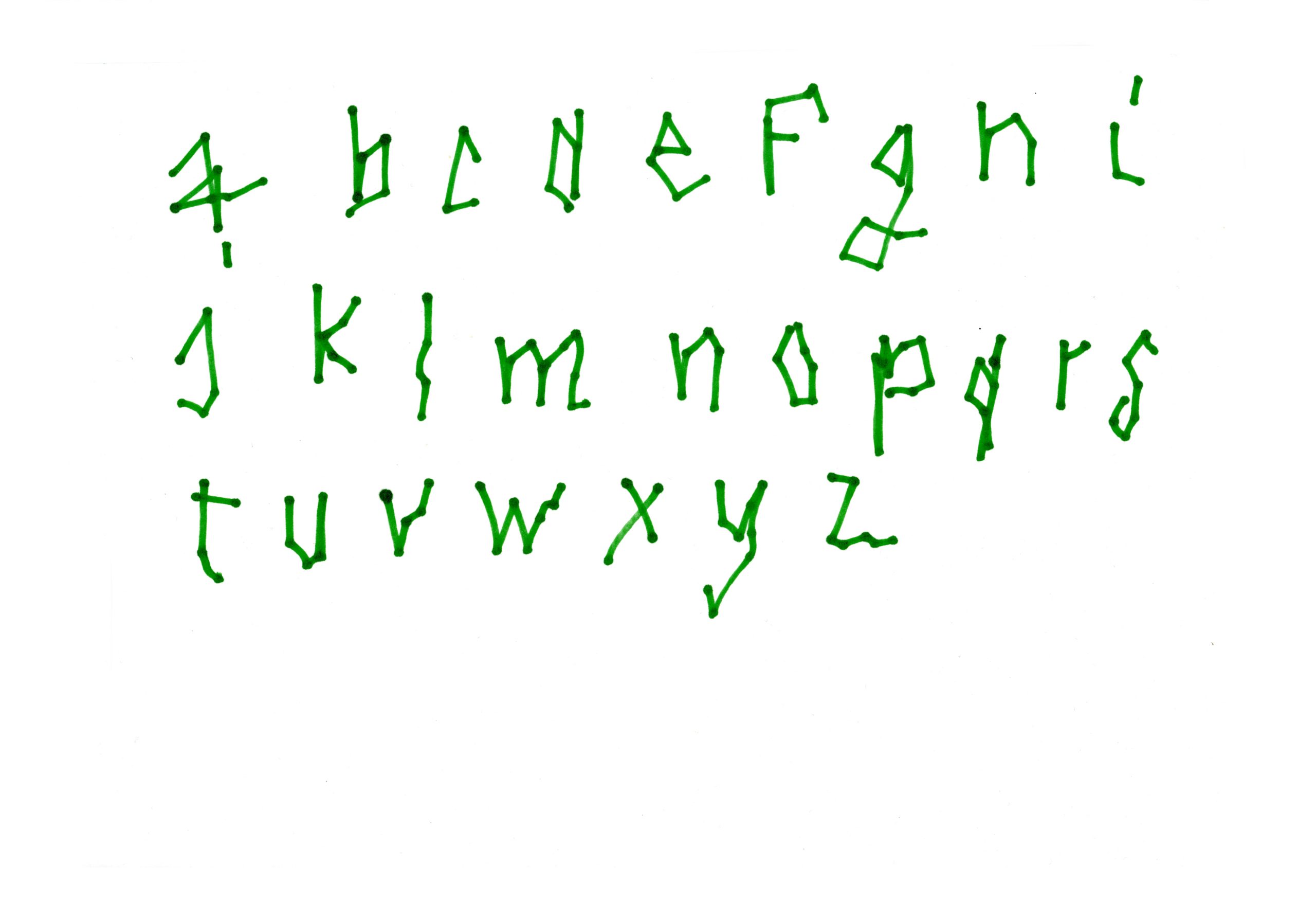 Scan des premiers tracés de la typographie, écrit au marqueur vert sur une feuille blanche.